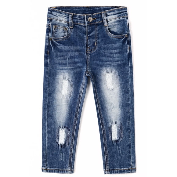 KIDSCOOL SPACE Baby Boys Little Kid Elastic Ripped Jean StoneWashed Pants,Blue,5-6 Years