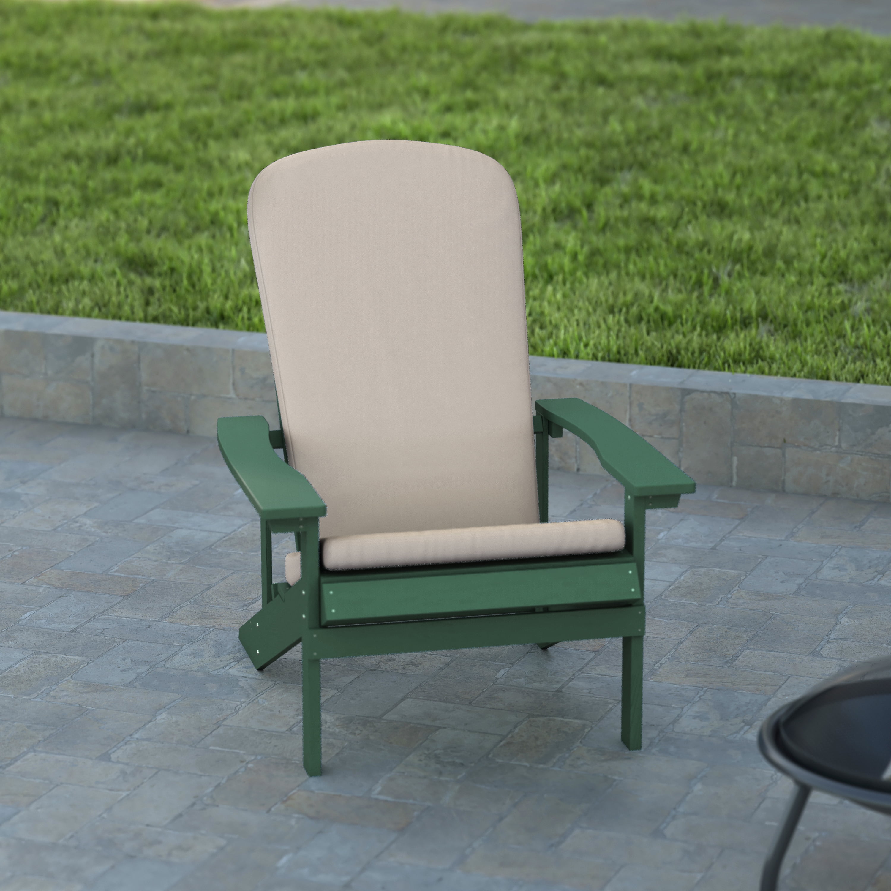Emma + Oliver Set of Two Green All-Weather Polyresin Adirondack Chairs with Cream Cushions