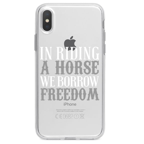 DistinctInk Clear Shockproof Hybrid Case for iPhone XS Max (6.5" Screen) - TPU Bumper Acrylic Back Tempered Glass Screen Protector - In Riding a Horse, We Borrow Freedom