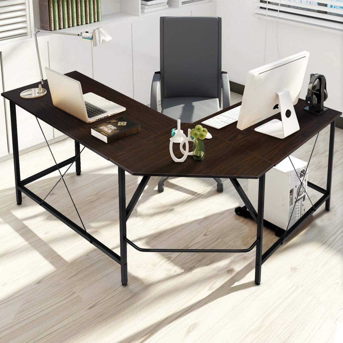 KINGSO L Shaped Computer Desk with CPU Stand，65 Modern Corner Desks for Home Office Workstation Wood /& Metal Corner Desk Laptop Writing Desk Table 64 x 47 x 30, Wood
