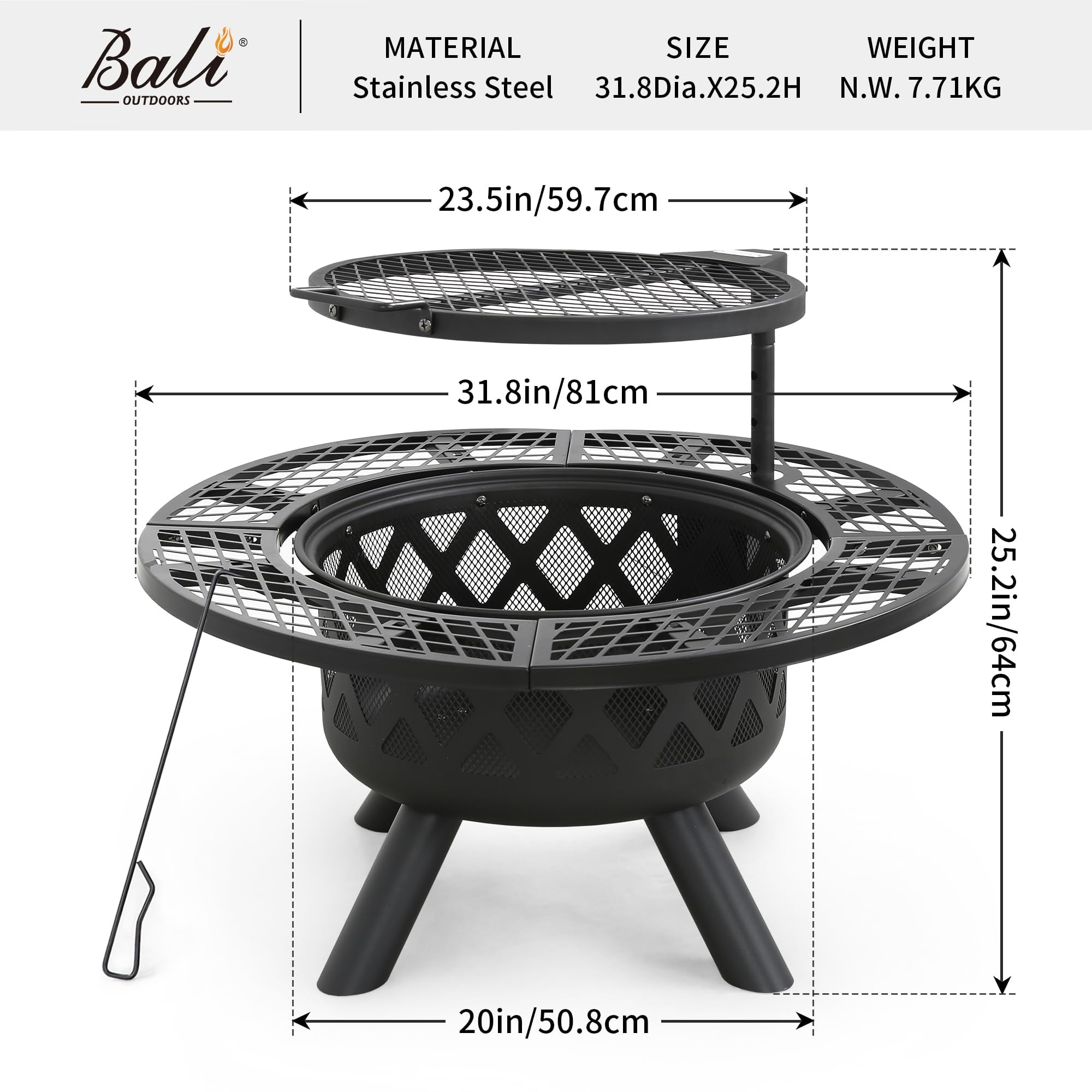 BALI OUTDOORS 32 inch Fire Pit with Poker, Wood Burning Fire Pit Patio for Outside with Grill