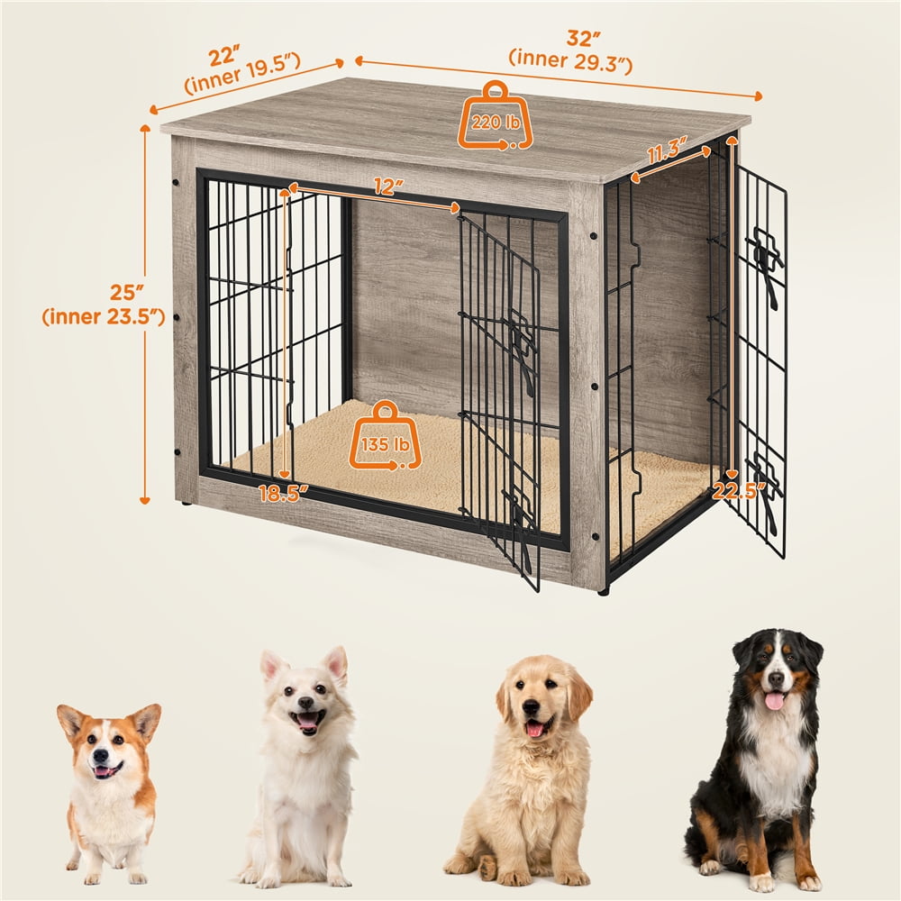 Yaheetech 31.7" W Rustic Wooden Dog Crate Furniture with Anti Skid Plush Mat, Gray