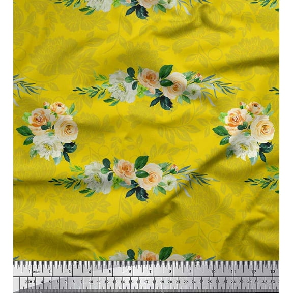 Soimoi Yellow Cotton Duck Fabric Leaves & Peony Floral Print Fabric by the Yard 42 Inch Wide