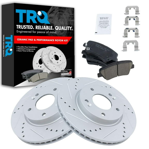 TRQ Front Posi Ceramic Brake Pad & Performance Drilled Slotted Coated Rotor Kit