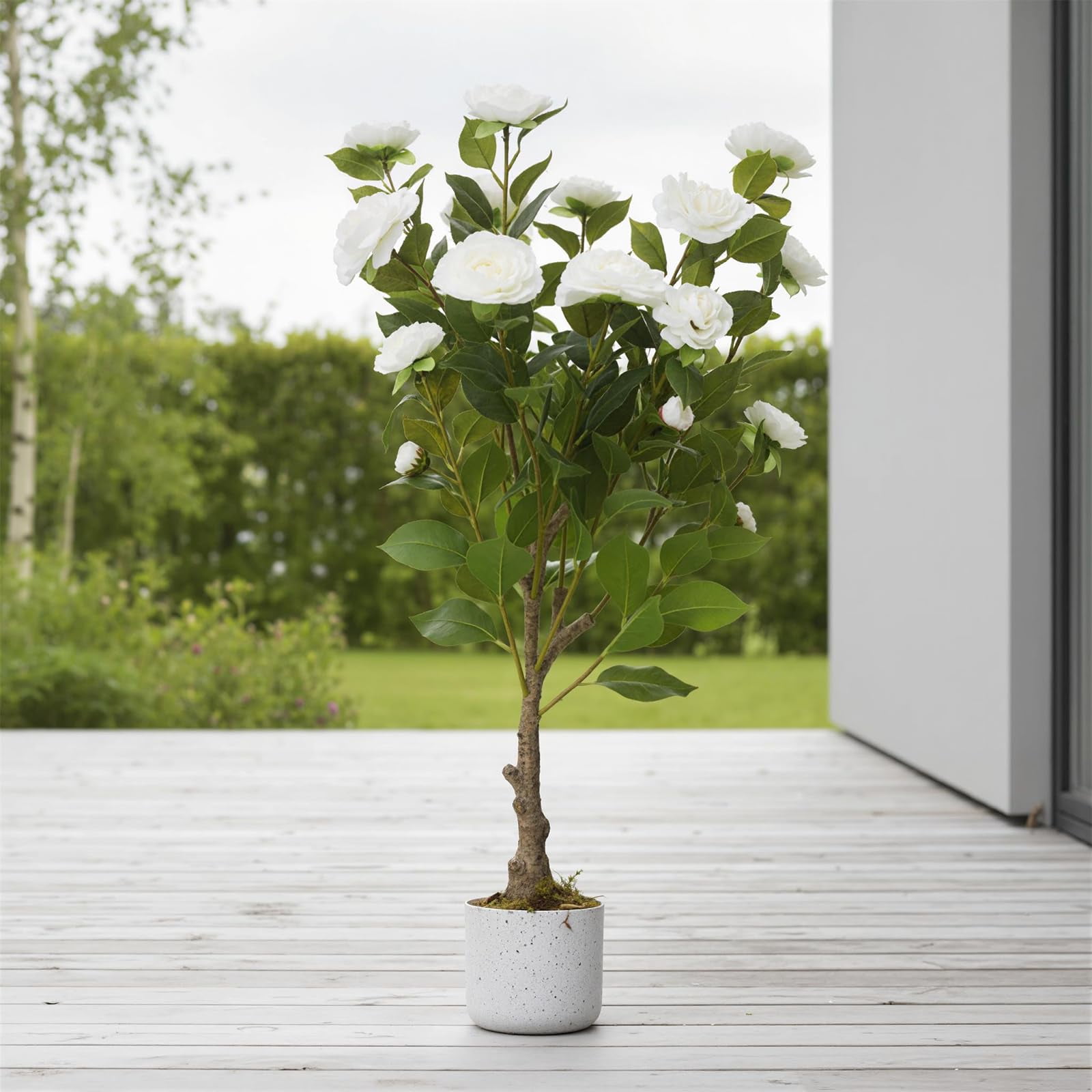 2.8FT Artificial Camellia Tree, Realistic Faux Plant in Pot with Flowers, Artificial Plants for Spring Home Decor Outdoor Porch Front Door Decor