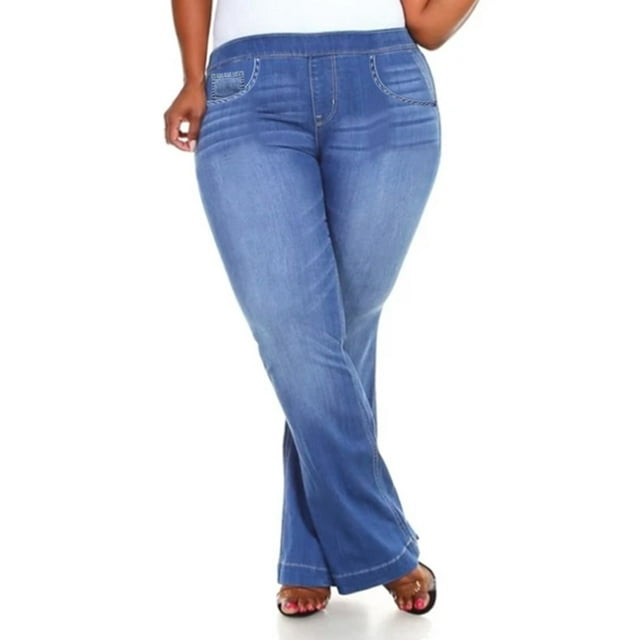 JDinms Femmes Bell Bas Jeans Jambe Large Stretch Faux Pantalon en Denim Grande Taille