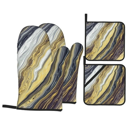 

Oven Mitts and Pot Holders Set Baking 4-Piece Set for Kitchen for Outdoor BBQ Mitts Heat Resistant Cooking Marble Liquid Pattern Pattern