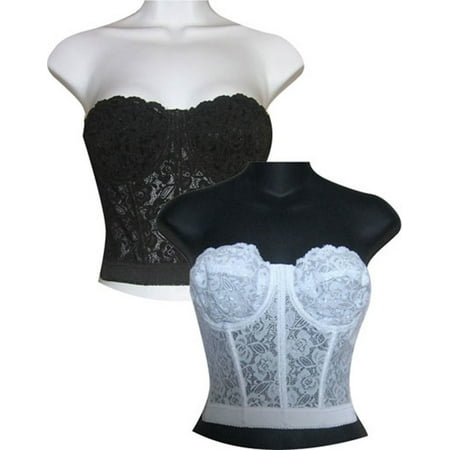 Low Plunge Backless & Strapless Bridal Lace Corset Girdle Underwire Bra Bustier, Black,