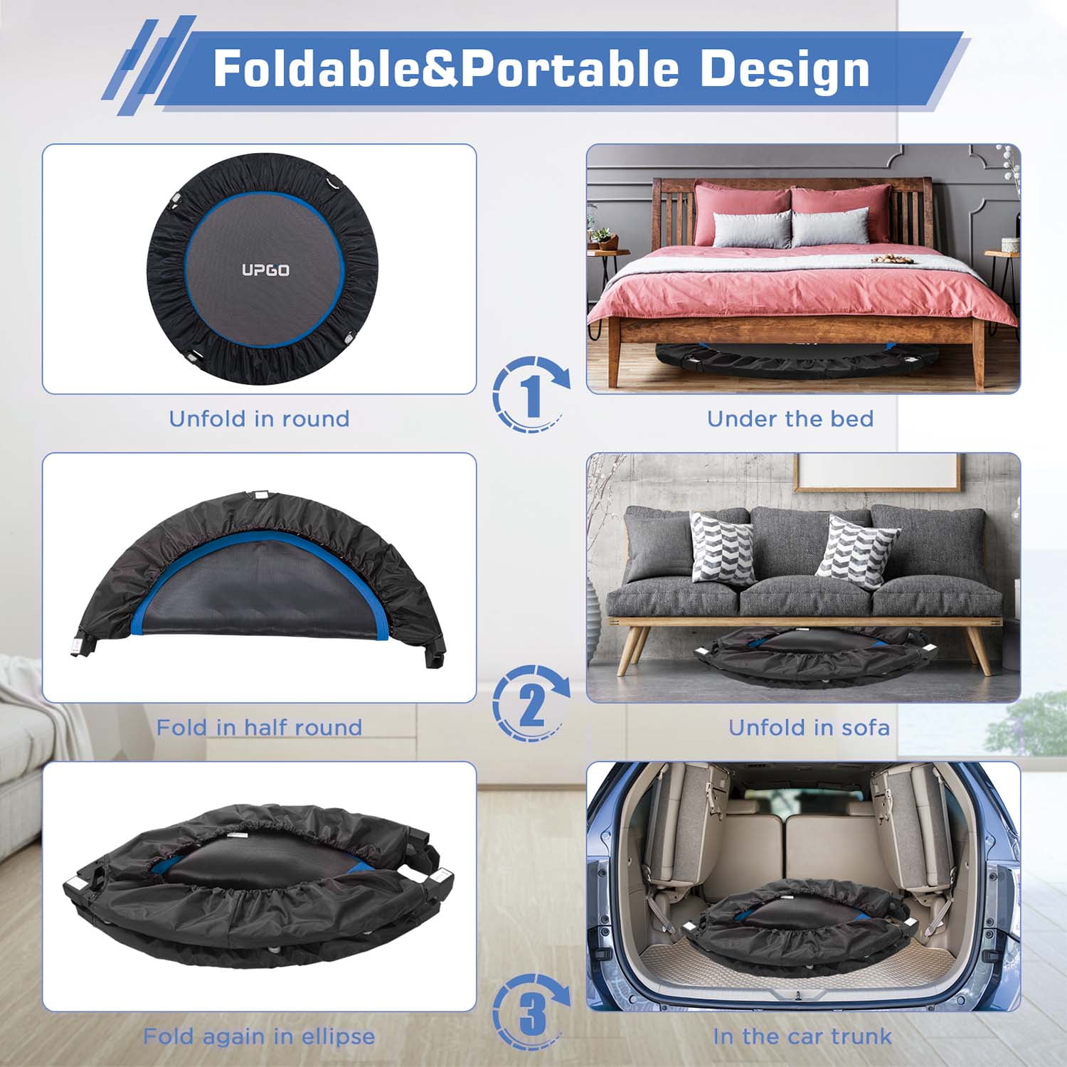 48" Foldable Mini Trampoline Max Load 450lbs, Fitness Rebounder with Adjustable Foam Handle, Exercise Trampoline for Adults/Kids Indoor/Garden Workout