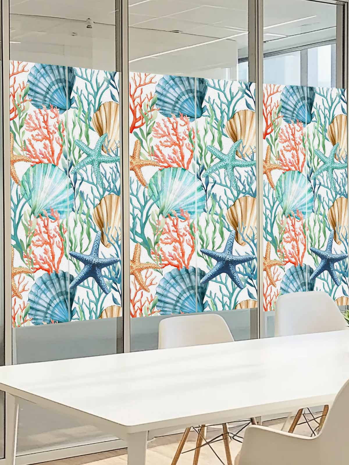 Shell Starfish Window Privacy Film, Summer Green Orange Seaweed Nautical Frosted Glass Window Clings Static Cling UV Heat Blocking Reusable Door Sticker for Bathroom 29.5 x 118 Inch