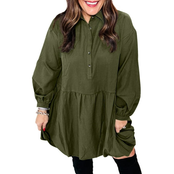 Plus Size Women's Four Leaf Clover Mini Dress - Collar Half Button Long Sleeve with Ruffle Hem | [ZhiHiMeRi] | (US 14W-16W)1X