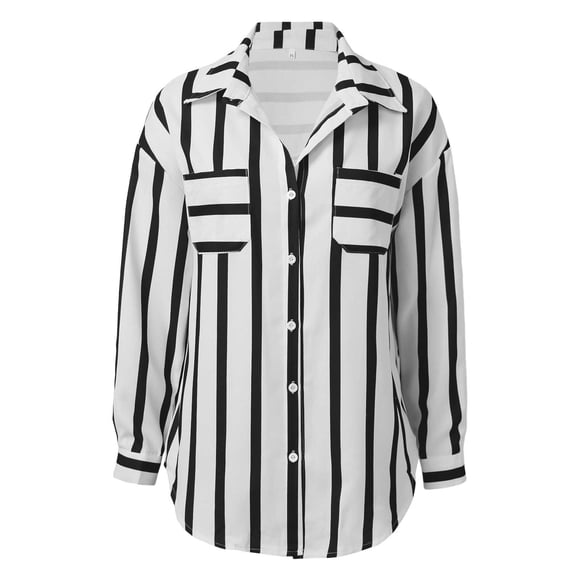 ZHUASHUM womens shirts Fashion Mid Length Vertical Striped Multi Color Shirt Coat Casual Loose Top,L Black