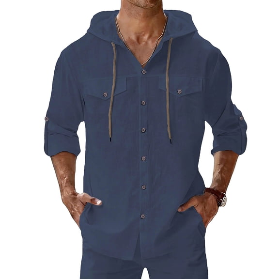 ZUKMRJPC Mens Cotton Linen Button Down Hoodies Long Sleeve Solid Color Casual Hoodies Lightweight Summer Beach Shirts with Pocket