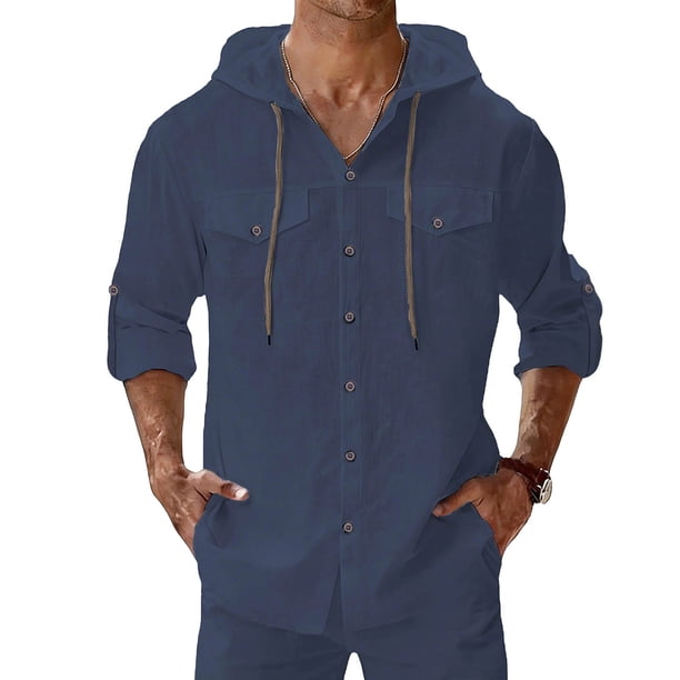 Camisa de Manga Corta Botón Arriba Casual Cuello Redondo Tela Delgada para el Ejercicio Y el Uso Diario, Camisas de Manga Larga Casual de Moda con Capucha con Bolsillos