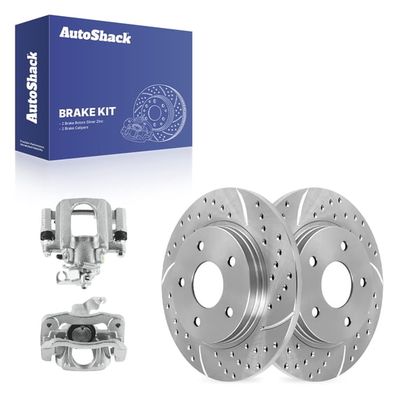 AutoShack Rear Solid Drilled & Slotted Silver Zinc Coated Brake Rotors   Calipers 4-PC Brake Kit Replacement for 2008-2016 Dodge Grand Caravan 2012-2015 Ram C/V SilverShield Pro 12" (304.9 mm)