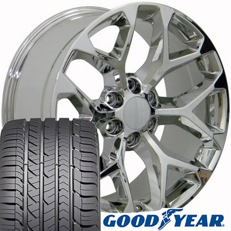 OE Wheels 22 Inch Snowflake | Fit Chevy Silverado Tahoe | GMC Sierra Yukon | Cadillac Escalade | CV98 Chrome 22x9 Rims, Goodyear Eagle All Season Tires, Lugs, TPMS | Hollander 5668 - (Best Tires For Chevy Silverado)