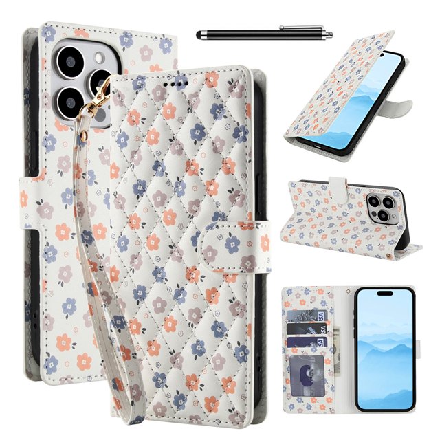 Wallet Case for iPhone 16 Pro , PU Leather Phone Cover Kickstand RFID Blocking Flip Case Card Slots Wrist Strap Relief Engraved Pattern Magnetic With Stylus Pen, Colorful Flower