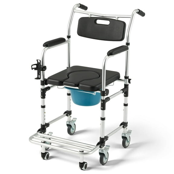 SOBREMESA 4-in-1 Care Chair, Commode Shower & Transport Wheelchair with 4 Locking Wheels, Padded Seat, Detachable Bucket, Flip-Up Footrest, Black