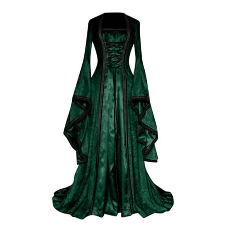 Upioiwer Wig Womens Lenceria Para Mujer Sexy Women S Dress Retro Style Solid Color Trumpet Sleeve Long Princess Dress Palace Style  Retro Style Anime Lingerie Christmas Ling