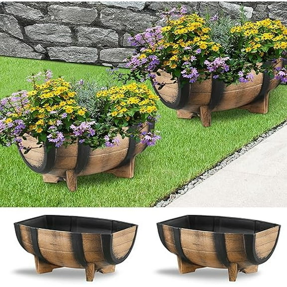 2 Pack Rustic Half Barrel Planters, 16.34x11.81x7.28 Inches Plastic Weather Resistant Plant Flower Pot Indoor & Outdoor Garden Planter$$Garden & Patio