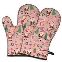 Cute Oven Mitts,Pink Christmas Santa Pattern Oven Mitt 2-Pack Set,Kitchen Gloves for Oven,Heat Resistant Oven Mitts 7.7"x12"