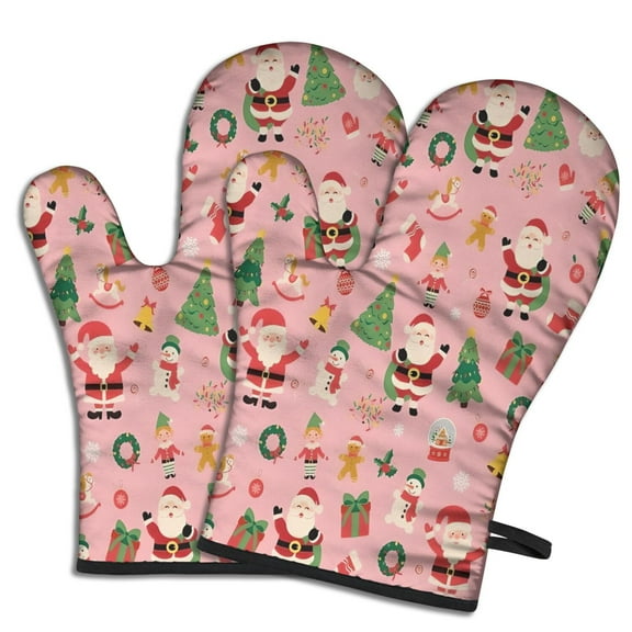 Cute Oven Mitts,Pink Christmas Santa Pattern Oven Mitt 2-Pack Set,Kitchen Gloves for Oven,Heat Resistant Oven Mitts 7.7"x12"