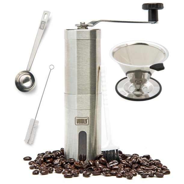 Manual Coffee Grinder and Dripper Set with Bonus Spoon and Cleaning