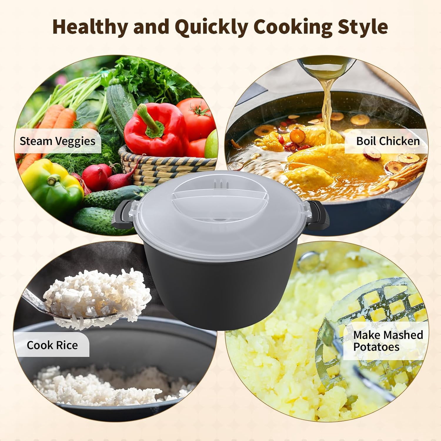 Professional Large  Cookware 3 Quart, Microwave Rice Cooker, Steamer for Vegetables, , Dishwasher Safe