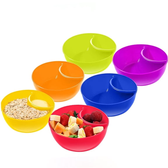 NOGIS Snack and Dip Bowls, Chips Serving Bowls Anti Soggy Divided Bowl plastic Stackable Dish Microwave and Dishwasher Safe Container for Chips, Dips Snacks Salsa Salad Nuts, 6 Colors