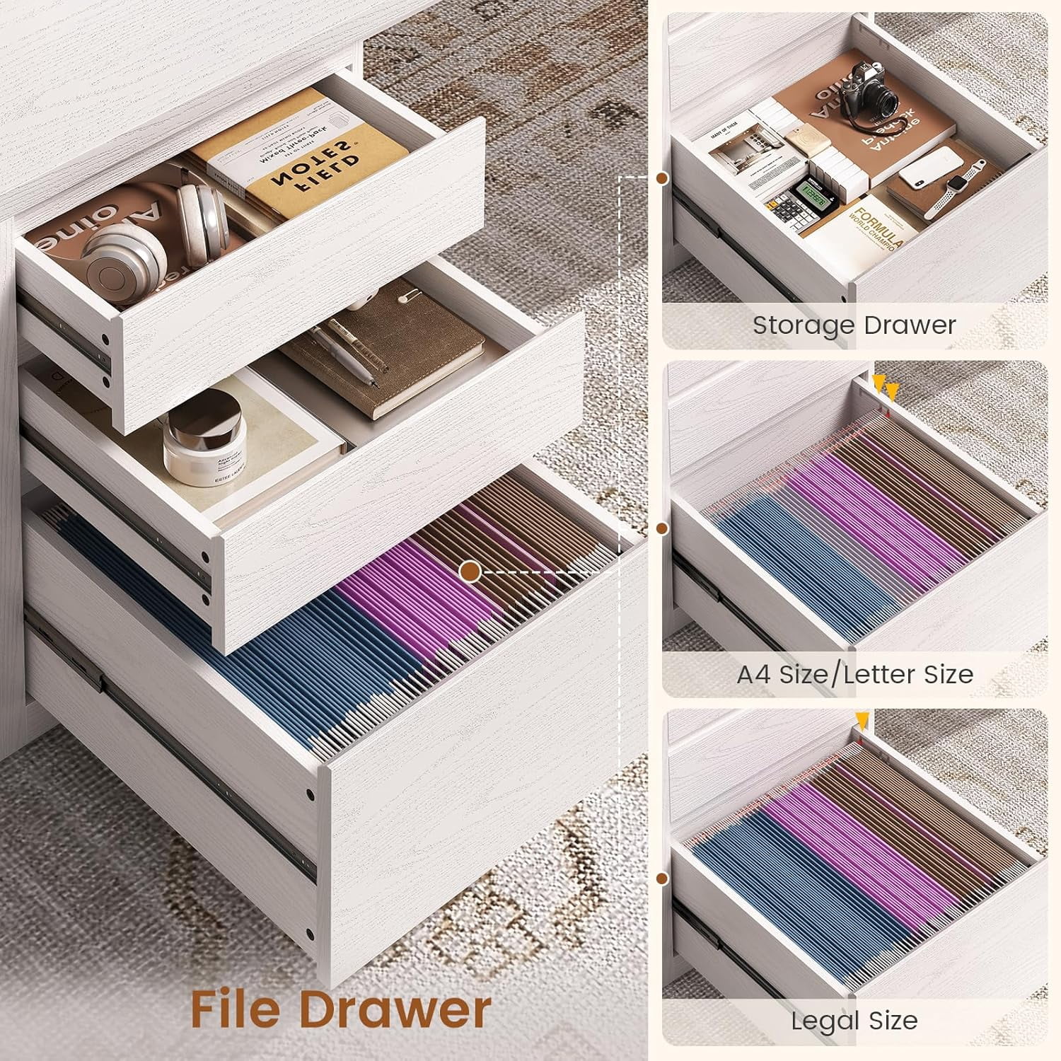 63" L Shaped Computer Desk with 3 Drawers, Modern Wood Corner Office Desk with U-Shaped Legs & Relief Texture, Executive Desk