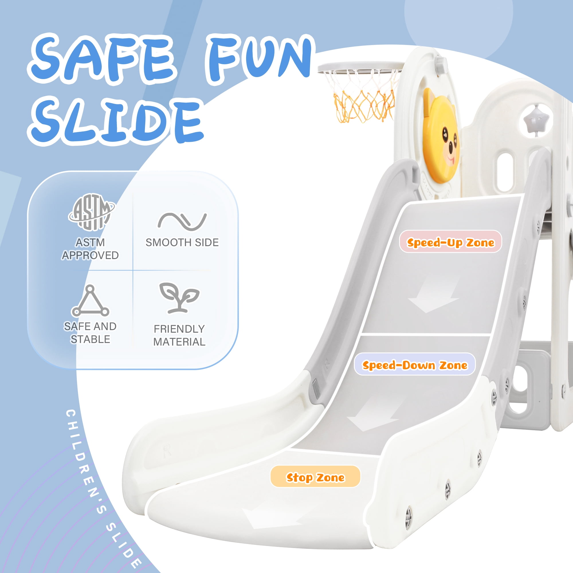 Toddler Climber and Slide Set 4 in 1, Kids Playground with Basketball Hoop, Kids Climber & Slide Playset, Gray