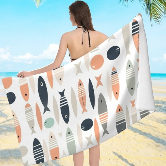 RKSupls Geometric Fish Pattern Microfiber Beach Towel, Extra Large Quick Dry Lightweight Towel for Travel Swimming Camping, Soft Super Absorbent- 55.1x27.6in