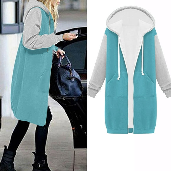 zanvin Clearance Women's Solid Color Jacket Thickening And Fleece And Winter Casual Zipper Long Sleeve Pocket Hooded Long Sweater,Blue,S