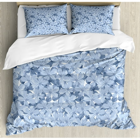 Blue Duvet Cover Set Retro Style Little Blossoms Plumbago Flowers
