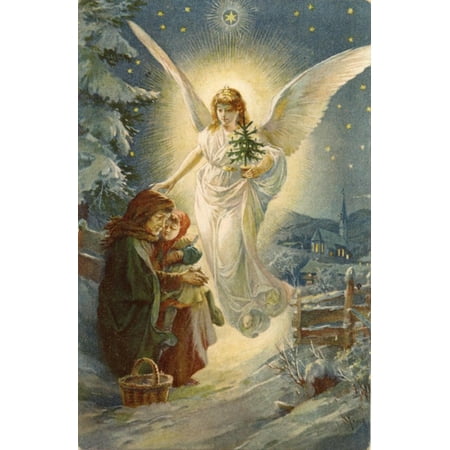 Christmas Card Angel With Christmas Tree Unknown Artist Canvas Art 24 X Christmas Card Angel With Christmas Tree Unknown Artist Canvas Art 24 X