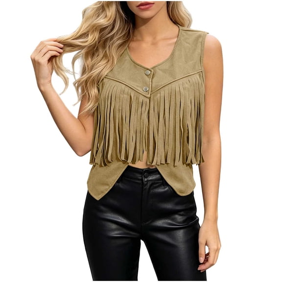 Lenpel Fringe Vest for Women Suede Sleeveless V Neck Tassel Jackets Fashion Button Cowgirl Waistcoat Hippie Outfits(Rose Gold,X-Large)