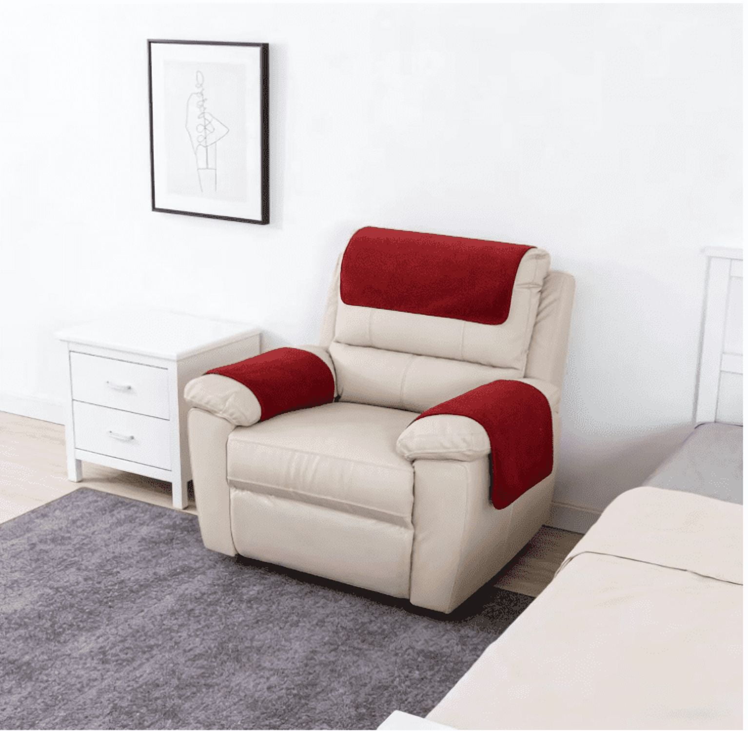 Garayma 3 Pcs Recliner Covers Armrest Covers with Storage Pockets Headrest Cover Armchair Slipcovers Sofa Recliner Protector Red