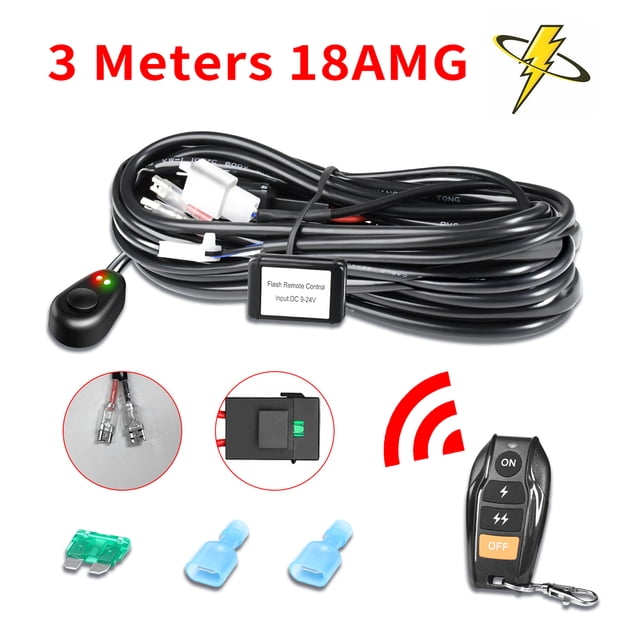 LED Light Bar Wiring Harness Kit, 2 Leads Wireless Remote Control Wiring Harness Kit 18AWG Core Cable Wiring Harness Kit for Car Fog Lights Work Driving Lights Bar Fit 1 Light (3 Meters)