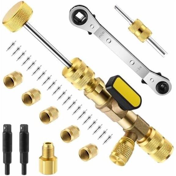Valve Core Removal Tool HVAC, 1 Pcs HVAC Service Wrench, 20 Pcs Valve Cores Seal, 5 Pcs Brass Nuts, 1 Pcs Valve Core Rod, 3 Pcs Hex Bit Adapters Compatible with R410a R32 R22 R12 R407 R404 R600