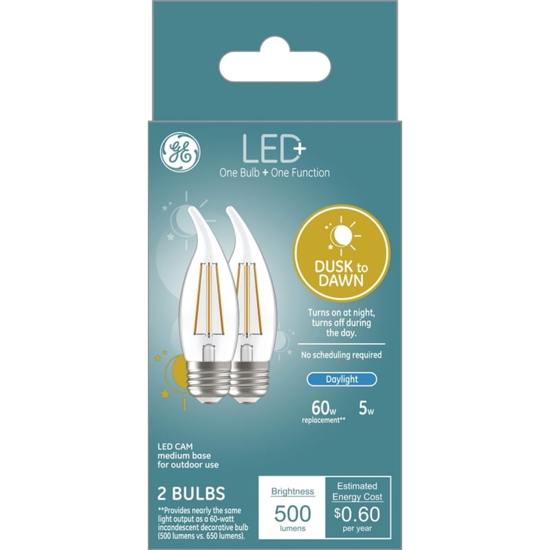 GE LED+ Dusk to Dawn Daylight 60W Replacement LED Decorative Bent Tip Medium Base CAM Light Bulb, 2 Pack