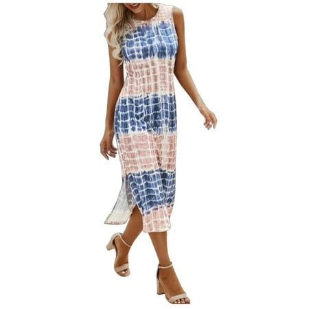 QYZEU Women Spring Dresses Round Neck Sleeveless Long Dress Women s Sexy Tie Dye Side Slit Hem Vest Dress Loose Fitting Beach Midi Dress for Women Pink M