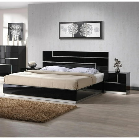 Modern 3 Piece California King Bedroom Set, Black Lacquer Finish Platform Bed Frame and Two Nightstand Table