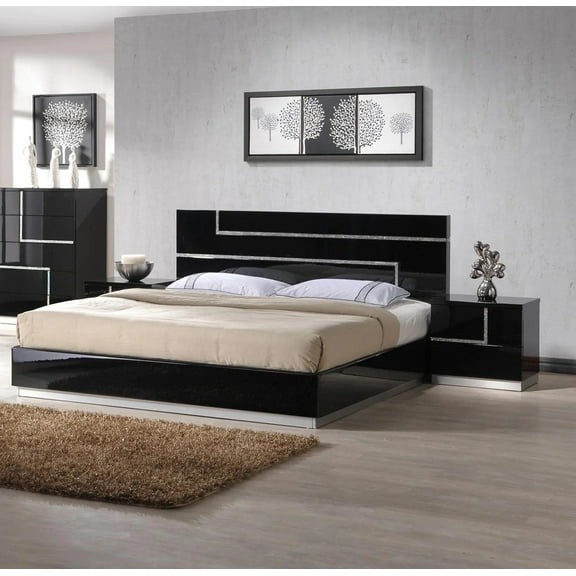 Modern 3 Piece California King Bedroom Set, Black Lacquer Finish Platform Bed Frame and Two Nightstand Table