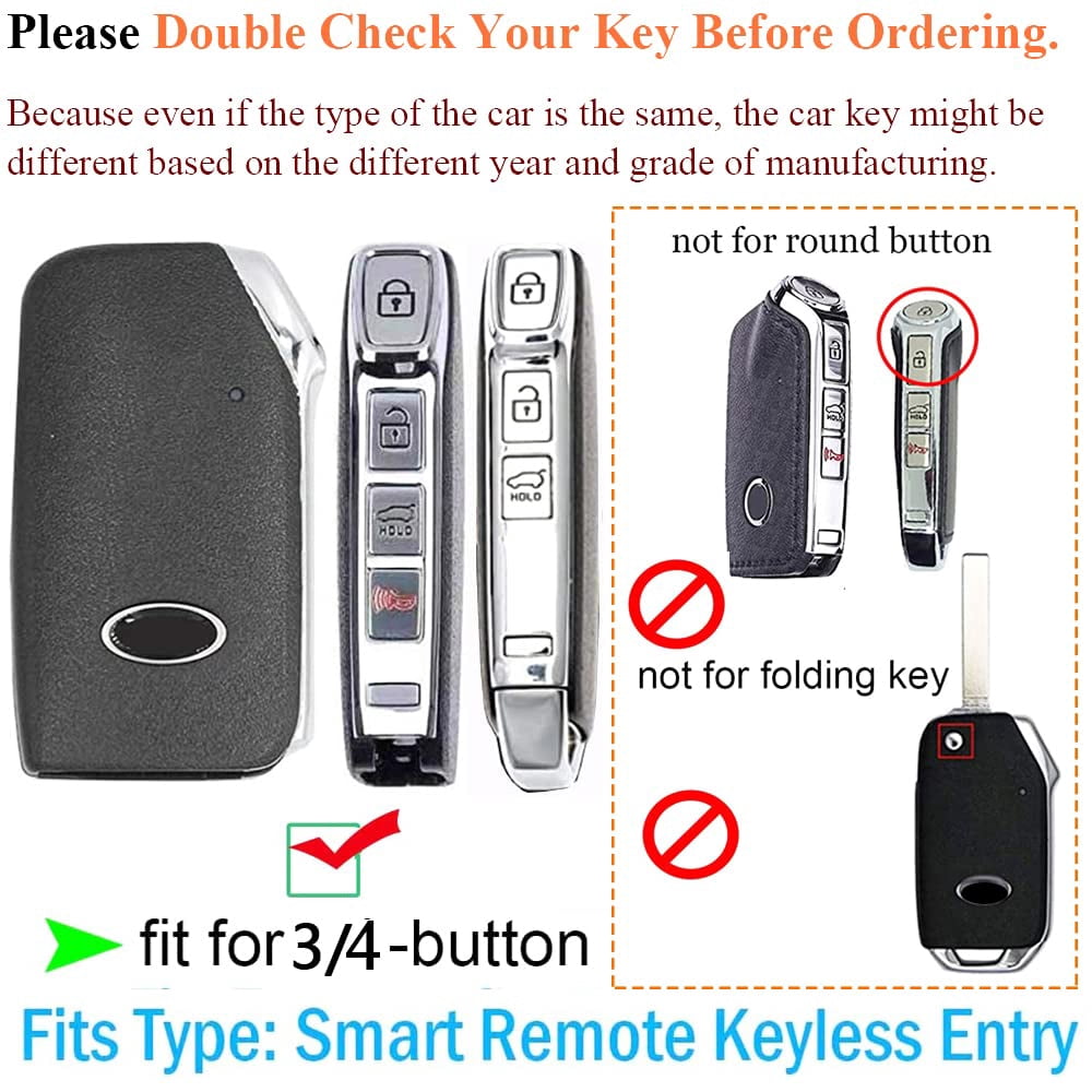 Gray Metal Leather 3-4 Button Key Fob Cover Case Fit for Kia Soul EV6 Sportage Telluride Forte K3 Cerato Sorento Rio Rio5 Optima Keyless Key Holder with Keychain