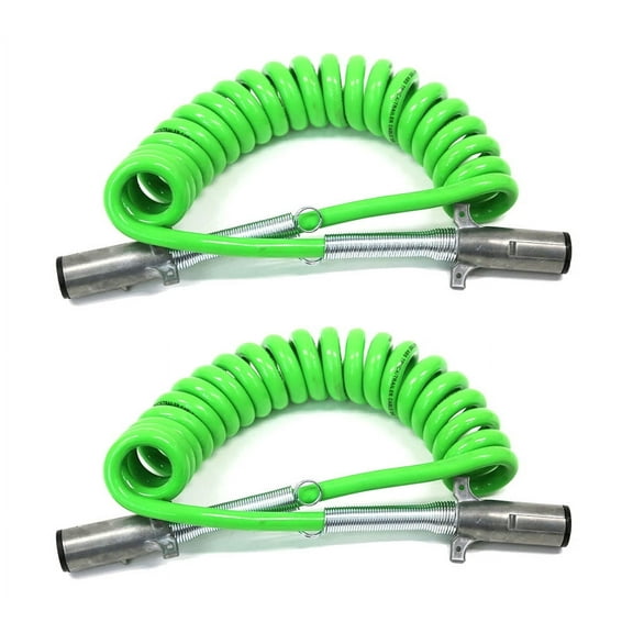 (2 Pack) 7-Way ABS Coil 15' (Green) 12" x 12" Leads Trailer Electrical Power Cord