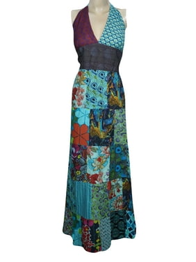 Mogul Womens Patchwork Maxi Dress Floral Print Deep V Neck Bohemian Fashion Sundress S/M