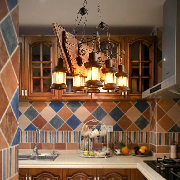 AFANQI  Retro Farmhouse Chandelier, Industrial Wood Pendant Light Metal Glass Lampshade Hanging Lighting Fixture