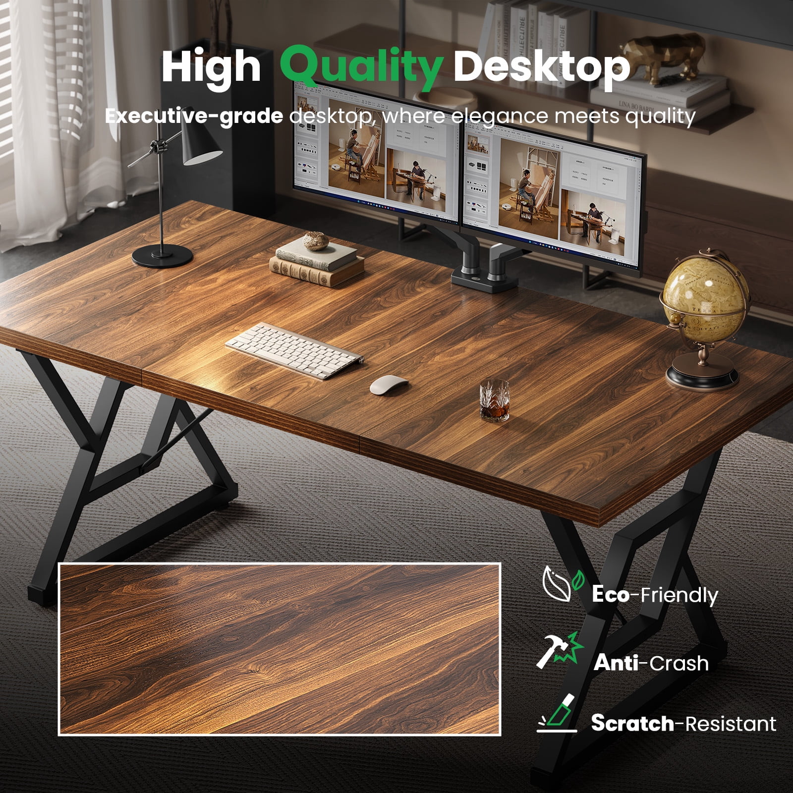 Computer Desk Executive Desk With Thick Wooden Tabletop And Metal Frame