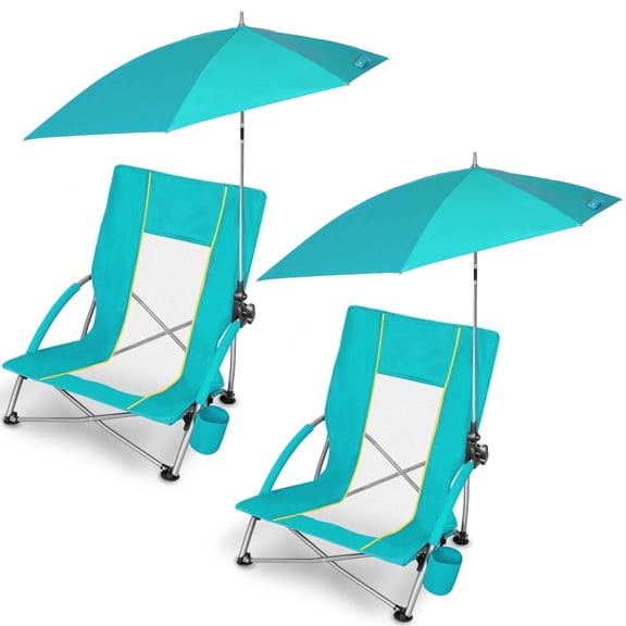 SUNSPIRE Beach Chair with Umbrella Low Back Portable Folding Camping Chair with Cup Holder & Carry Bag for Outdoor Beach Picnic Travel 2-Pack Teal