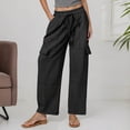 thumbnail image 2 of Pantalones de lino Pantalones cargo elásticos de cintura alta con cordón para mujer, 2 of 6